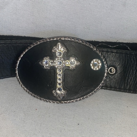 Michelle Monroe Black Leather Belt with diamond bezel cross - Picture 3 of 4